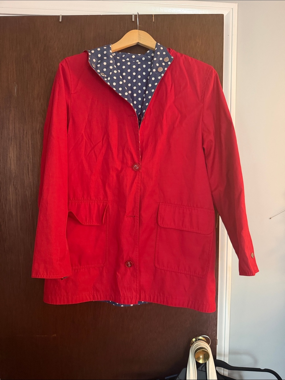 Talbots Cotton Double-sided Reversible Crimson Red and Blue Polka Dot Raincoat